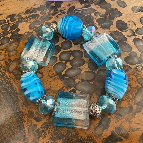 NWOT Hand blown blue glass beads hand made bracelet/earrings set - Picture 2 of 7